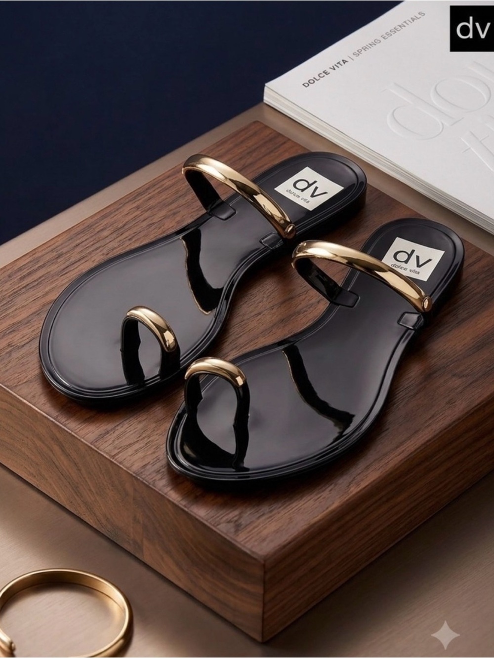 🆕 DV by Dolce Vita Black Patent Slide Sandals with Gold Accents